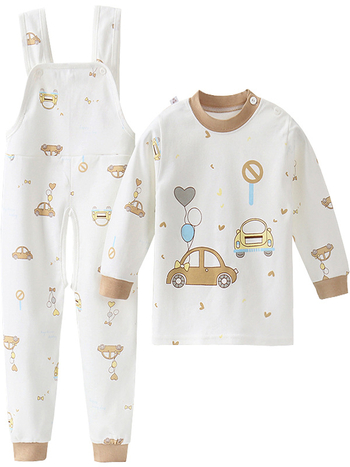 Двукомпонентен памучен комплект за деца — гащеризон с презрамки и принтове с животни/карикатури/аватари/букви, 100% памук, за деца 1–3 години, пролет/есен/зима