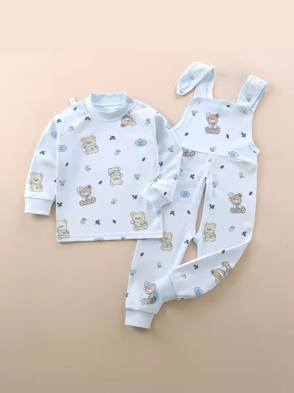 Двукомпонентен памучен комплект за деца — гащеризон с презрамки и принтове с животни/карикатури/аватари/букви, 100% памук, за деца 1–3 години, пролет/есен/зима