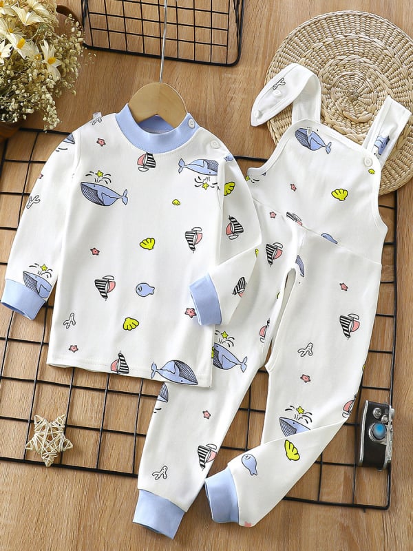 Двукомпонентен памучен комплект за деца — гащеризон с презрамки и принтове с животни/карикатури/аватари/букви, 100% памук, за деца 1–3 години, пролет/есен/зима