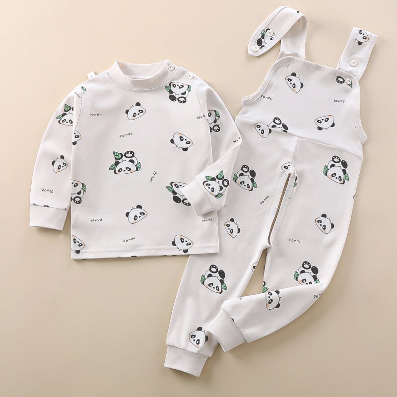 Двукомпонентен памучен комплект за деца — гащеризон с презрамки и принтове с животни/карикатури/аватари/букви, 100% памук, за деца 1–3 години, пролет/есен/зима