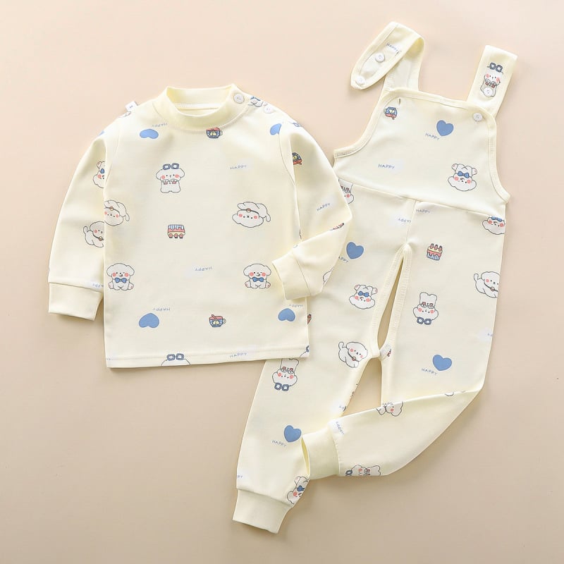 Двукомпонентен памучен комплект за деца — гащеризон с презрамки и принтове с животни/карикатури/аватари/букви, 100% памук, за деца 1–3 години, пролет/есен/зима