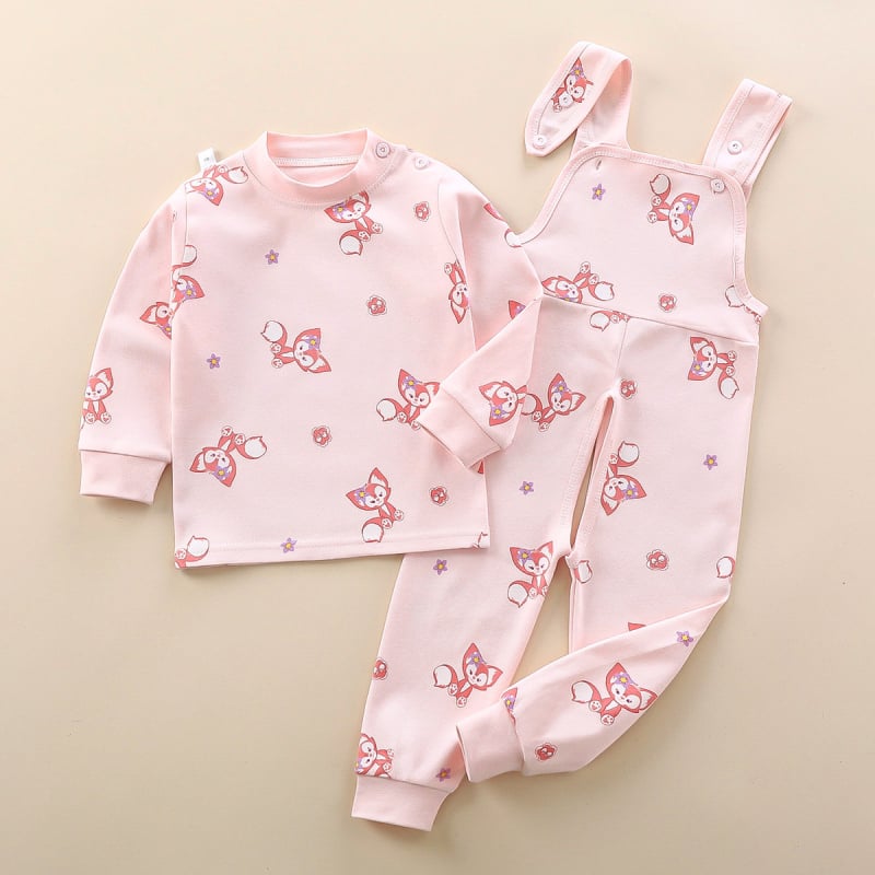 Двукомпонентен памучен комплект за деца — гащеризон с презрамки и принтове с животни/карикатури/аватари/букви, 100% памук, за деца 1–3 години, пролет/есен/зима