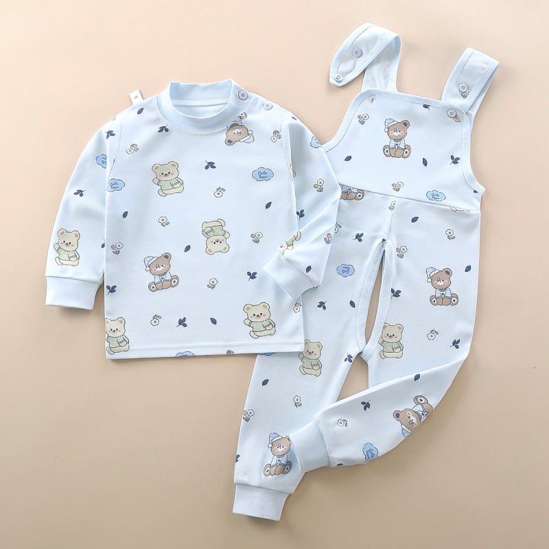 Двукомпонентен памучен комплект за деца — гащеризон с презрамки и принтове с животни/карикатури/аватари/букви, 100% памук, за деца 1–3 години, пролет/есен/зима