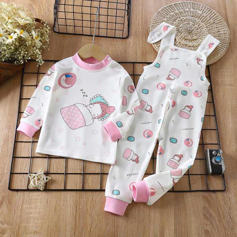 Двукомпонентен памучен комплект за деца — гащеризон с презрамки и принтове с животни/карикатури/аватари/букви, 100% памук, за деца 1–3 години, пролет/есен/зима