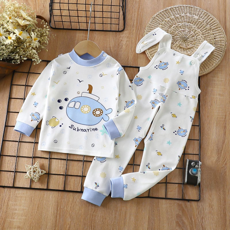 Двукомпонентен памучен комплект за деца — гащеризон с презрамки и принтове с животни/карикатури/аватари/букви, 100% памук, за деца 1–3 години, пролет/есен/зима