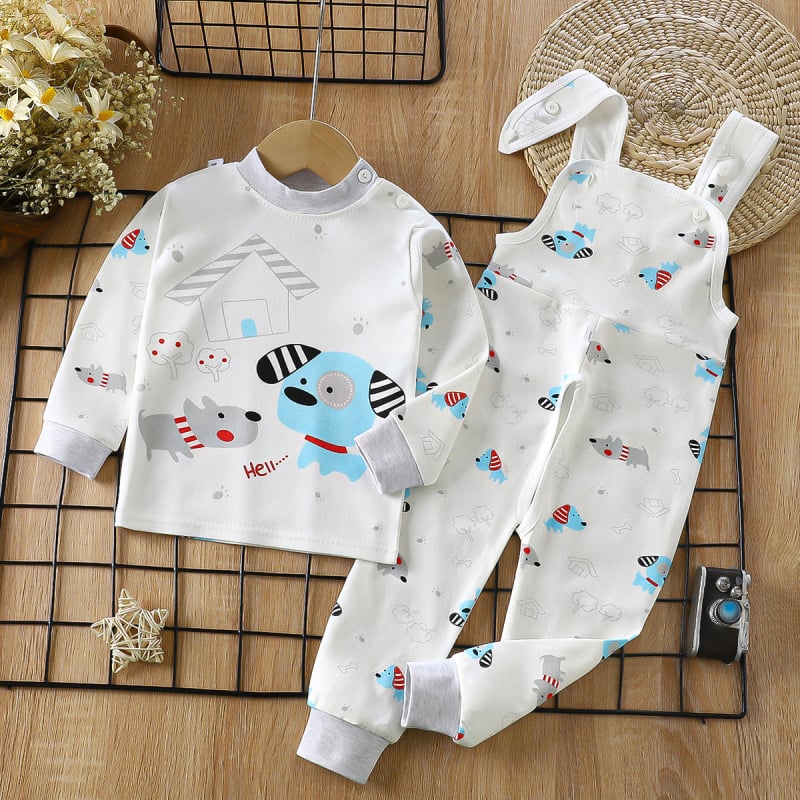 Двукомпонентен памучен комплект за деца — гащеризон с презрамки и принтове с животни/карикатури/аватари/букви, 100% памук, за деца 1–3 години, пролет/есен/зима