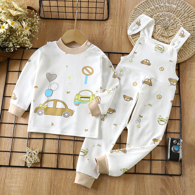 Двукомпонентен памучен комплект за деца — гащеризон с презрамки и принтове с животни/карикатури/аватари/букви, 100% памук, за деца 1–3 години, пролет/есен/зима