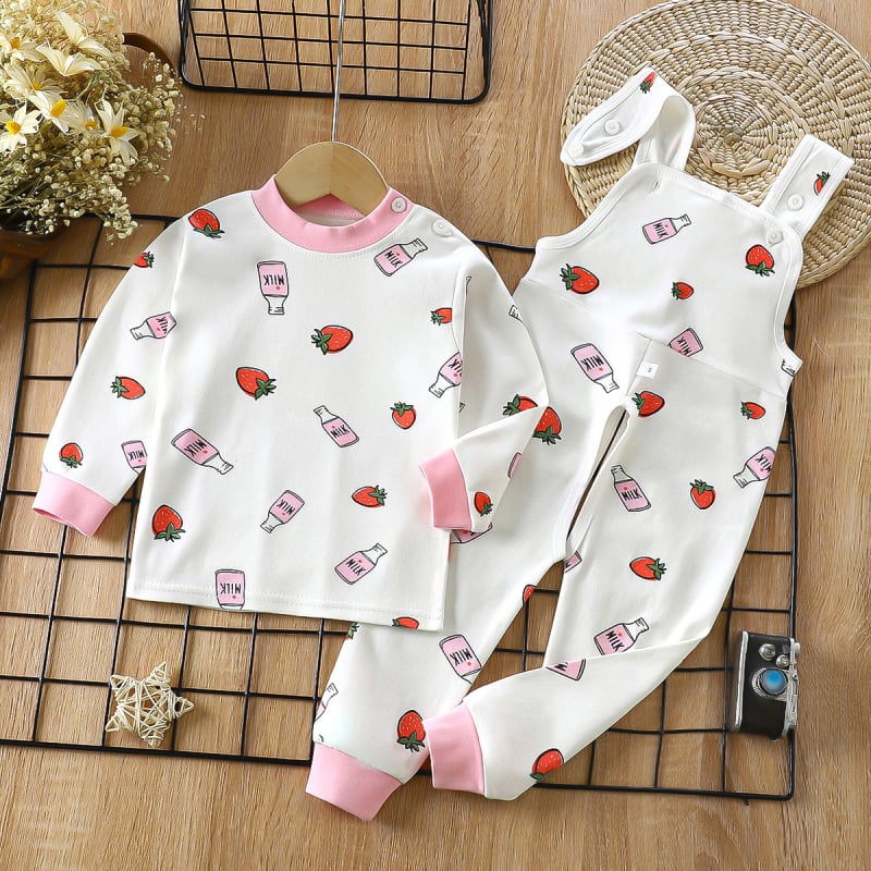 Двукомпонентен памучен комплект за деца — гащеризон с презрамки и принтове с животни/карикатури/аватари/букви, 100% памук, за деца 1–3 години, пролет/есен/зима