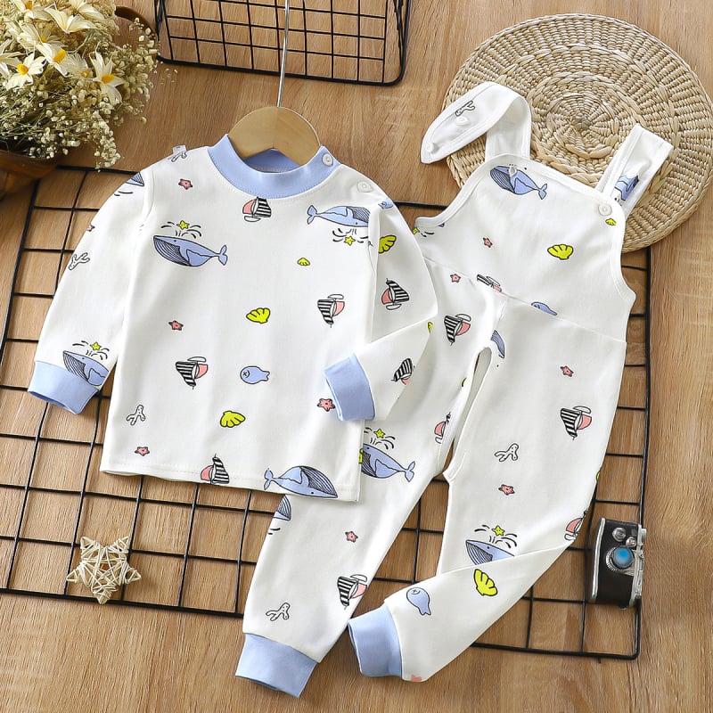 Двукомпонентен памучен комплект за деца — гащеризон с презрамки и принтове с животни/карикатури/аватари/букви, 100% памук, за деца 1–3 години, пролет/есен/зима