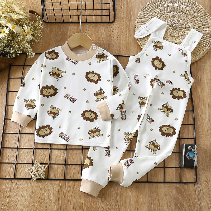 Двукомпонентен памучен комплект за деца — гащеризон с презрамки и принтове с животни/карикатури/аватари/букви, 100% памук, за деца 1–3 години, пролет/есен/зима