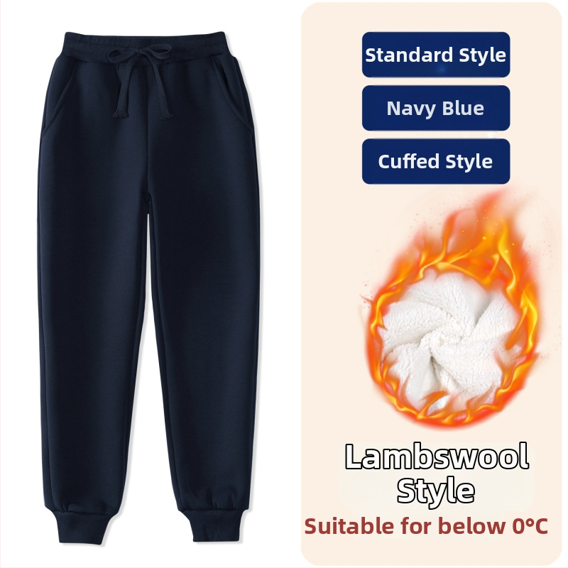 Detské zimné športové nohavice z bavlny s fleecovou podšívkou, stredne vysoký pás, elastický pás, jednofarebné, vhodné pre školskú uniformu