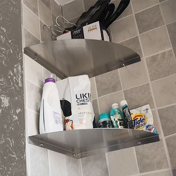 Raft de depozitare triunghiular din oțel inoxidabil, cu un singur etaj, pentru bucătărie și baie — montaj fără găuri, sarcină 10–20 kg