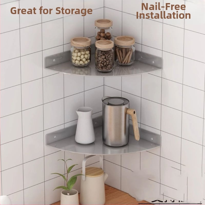 Raft de depozitare triunghiular din oțel inoxidabil, cu un singur etaj, pentru bucătărie și baie — montaj fără găuri, sarcină 10–20 kg