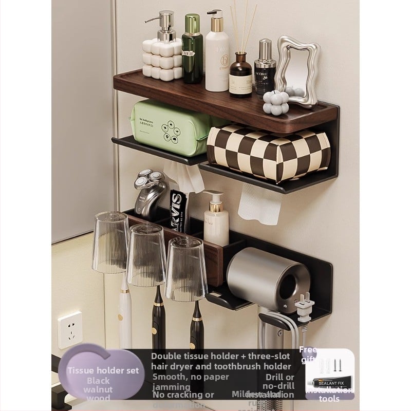 Raft de baie pe perete pentru periuțe de dinți și uscător de păr, 2 niveluri, finisaj polizat, aluminiu și lemn, capacitate de încărcare peste 50 kg