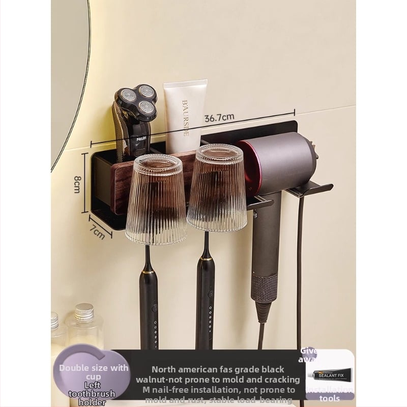 Raft de baie pe perete pentru periuțe de dinți și uscător de păr, 2 niveluri, finisaj polizat, aluminiu și lemn, capacitate de încărcare peste 50 kg