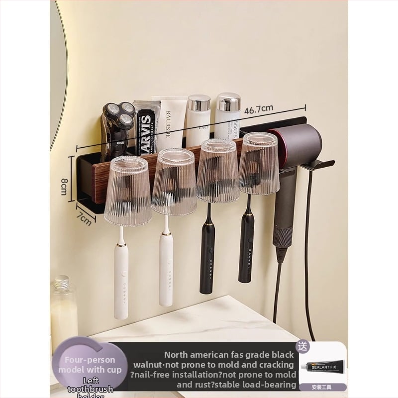 Raft de baie pe perete pentru periuțe de dinți și uscător de păr, 2 niveluri, finisaj polizat, aluminiu și lemn, capacitate de încărcare peste 50 kg