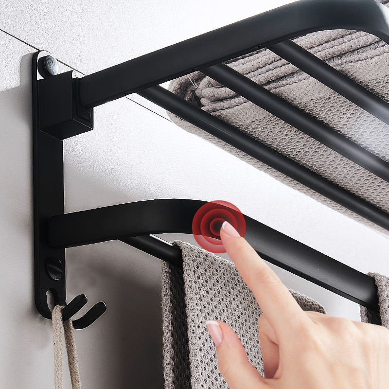 Sklopivi držač za ručnike od aluminijske legure, dvostruka konstrukcija, moderni minimalistički stil, s kukom