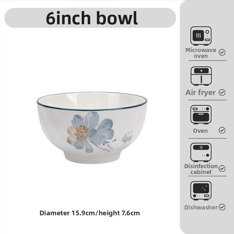 Japonský štýl porcelánový súbor riadu s podglazúrovaným kvetinovým vzorom – misy, tanieriky a nádoby; porcelán; vhodný do mikrovlnky