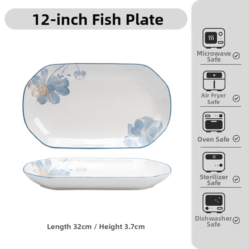 Japonský štýl porcelánový súbor riadu s podglazúrovaným kvetinovým vzorom – misy, tanieriky a nádoby; porcelán; vhodný do mikrovlnky