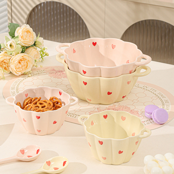 Kerámiából készült tál és kanál készlet, nagy kapacitású, dupla fülű tál, szabálytalan forma, modern letisztult stílus, mikrohullámú sütőben használható