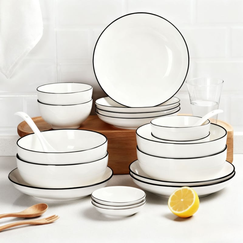 Set Nordic de farfurii și boluri din ceramică cu finisaj sub-glazură – rotunde, compatibil cu microunde