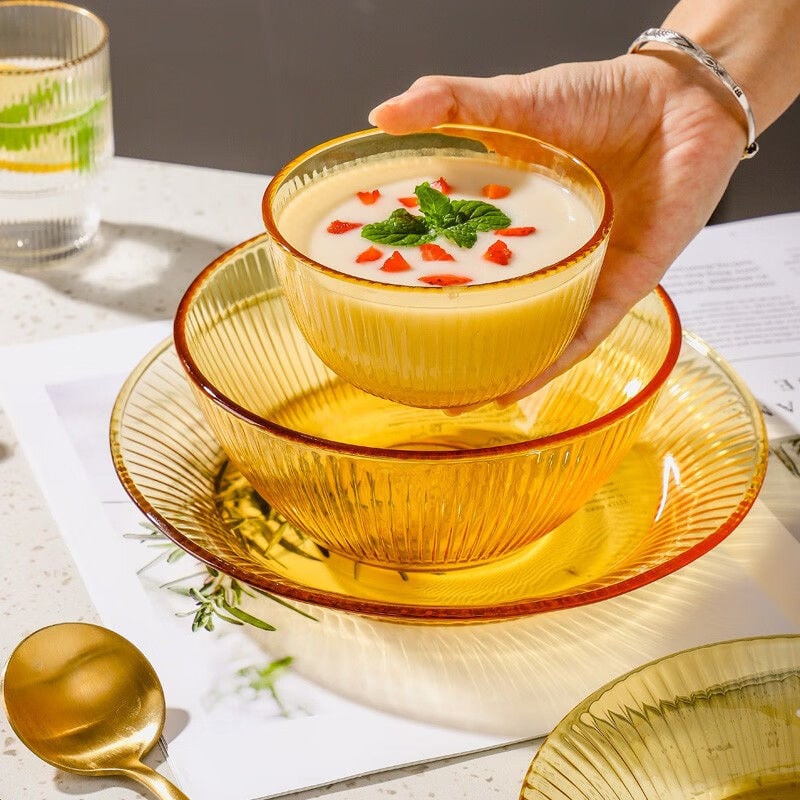 Set zdjela za rižu i tanjur od otporног stakla, mikrotalasna sigurnost, promjer 19 cm, kružnog oblika, jednostavne boje, moderni minimalistički stil