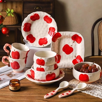 Keramički set posuđa s cvjetnim uzorkom pod glazurom, krušnog oblika, pogodna za mikrovalnu, uključuje zdjele, tanjure, zdjele za juhu, zdjele za rezance, žlice i šalice