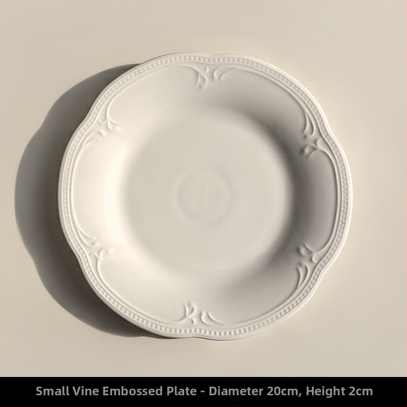Sada bielych keramických platní s reliéfom, priemer 24 cm, okrúhle, na ovocie a dezerty, moderný minimalistický štýl, vhodné do mikrovlnky