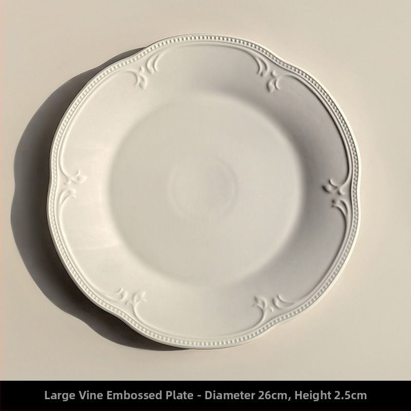 Sada bielych keramických platní s reliéfom, priemer 24 cm, okrúhle, na ovocie a dezerty, moderný minimalistický štýl, vhodné do mikrovlnky