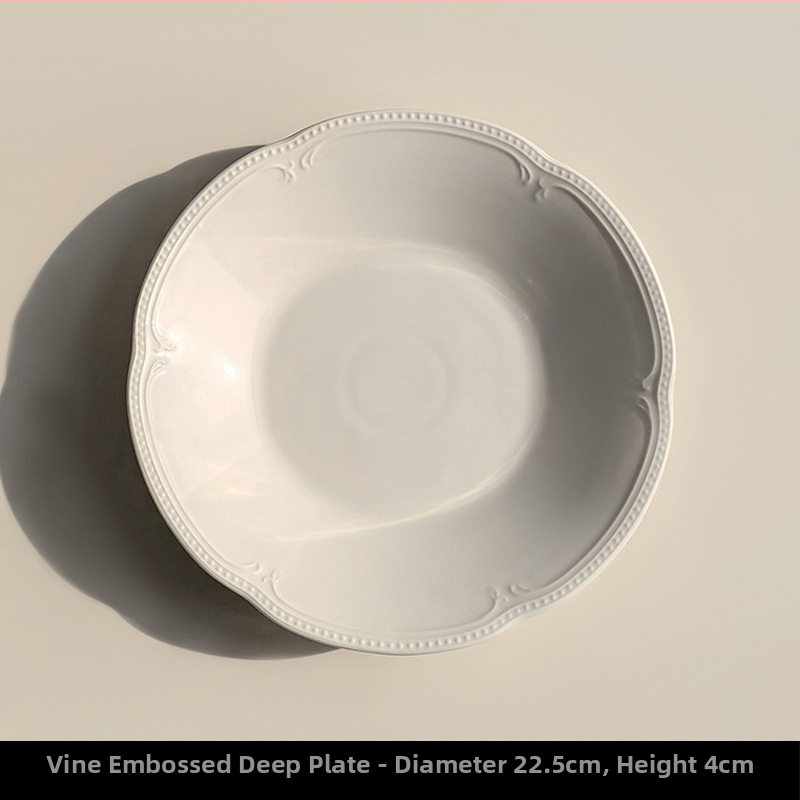 Sada bielych keramických platní s reliéfom, priemer 24 cm, okrúhle, na ovocie a dezerty, moderný minimalistický štýl, vhodné do mikrovlnky
