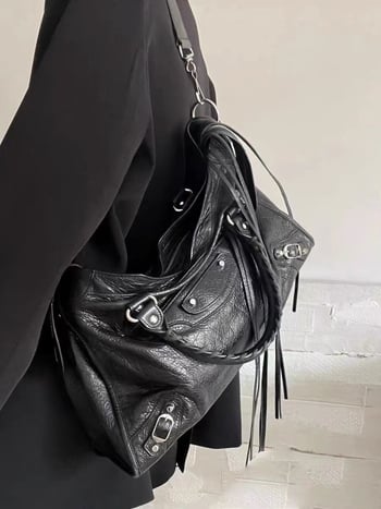 LIYAMEI Torba za motocikl s nitima od kože prvog sloja, tamno retro francuska tote, crossbody