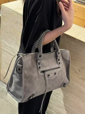 LIYAMEI Torba za motocikl s nitima od kože prvog sloja, tamno retro francuska tote, crossbody