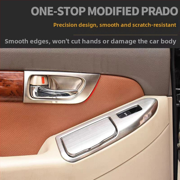 Iekšējais durvju roktura panelis – nerūsējošais tērauds; skrāpējumu un nodiluma izturīgs; pozīcija: logu slēdžu panelis; saderīgs ar Toyota Prado LC120; zīmols Sphoree