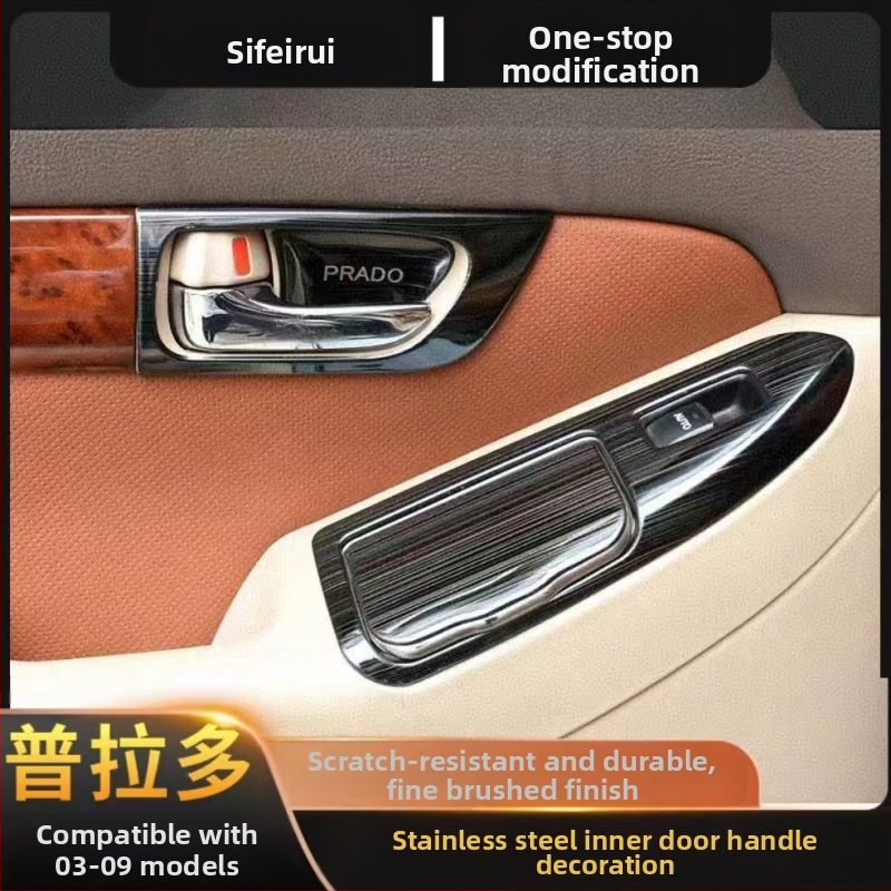 Iekšējais durvju roktura panelis – nerūsējošais tērauds; skrāpējumu un nodiluma izturīgs; pozīcija: logu slēdžu panelis; saderīgs ar Toyota Prado LC120; zīmols Sphoree