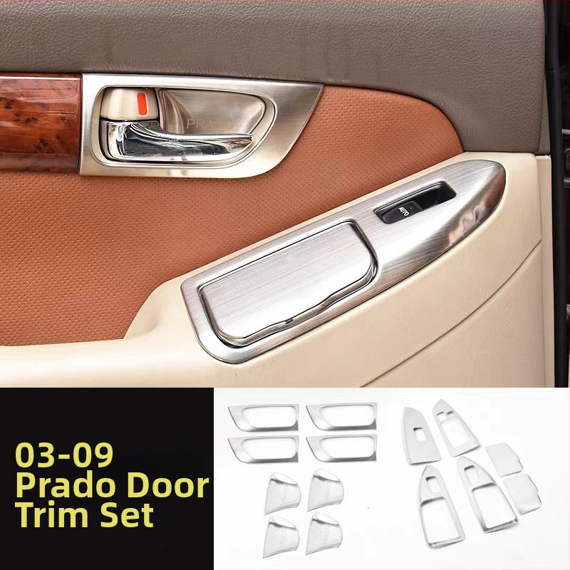 Iekšējais durvju roktura panelis – nerūsējošais tērauds; skrāpējumu un nodiluma izturīgs; pozīcija: logu slēdžu panelis; saderīgs ar Toyota Prado LC120; zīmols Sphoree