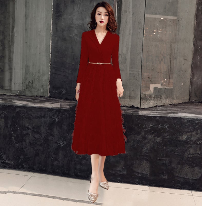 Rochie de seară pentru femei, poliester, siluetă talie înaltă, mâneci trei sferturi, fustă lungă.