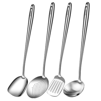 Yifu 304 nehrđajući čelik – set spatule i žlice, četiri kuhinjska alata s dugim prozračnim ručkama protiv opeklina, kompatibilno s nepremazanim posudama, antibakterijski završetak