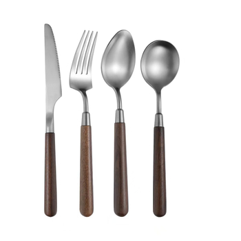 Комплект прибори за хранене от 304 неръждаема стомана с орехова дръжка: нож, вилка и лъжица, огледално полирани, ръчна изработка