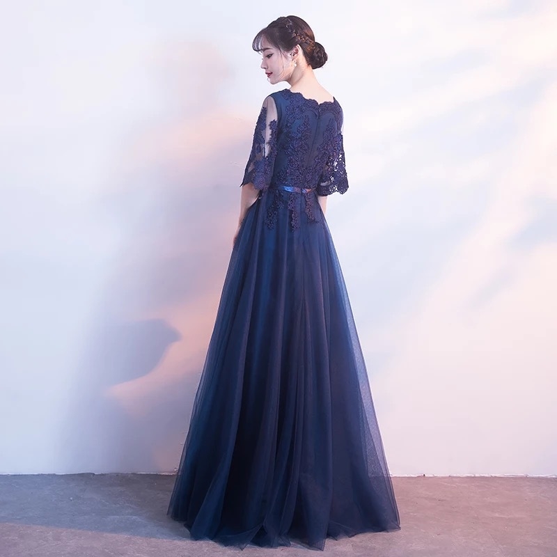 Rochie de seară lungă pentru femei, croială slim, talie înaltă, mâneci semi-lungi, din poliester.