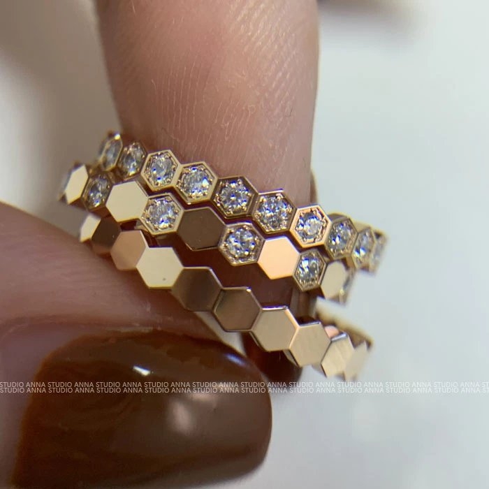 Prsten od 18K zlata s pčelinjim saćem, geometrijski uzorak, pola reda dijamanata, unisex, originalni dizajn