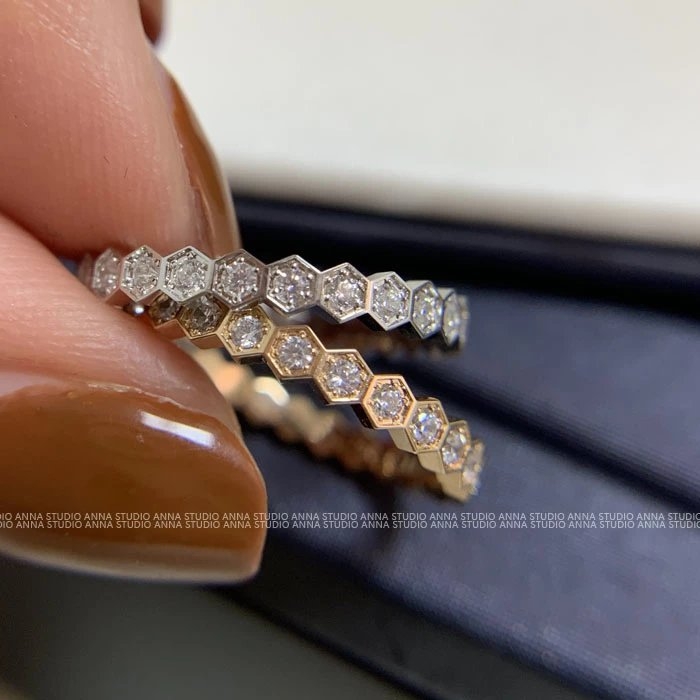Prsten od 18K zlata s pčelinjim saćem, geometrijski uzorak, pola reda dijamanata, unisex, originalni dizajn