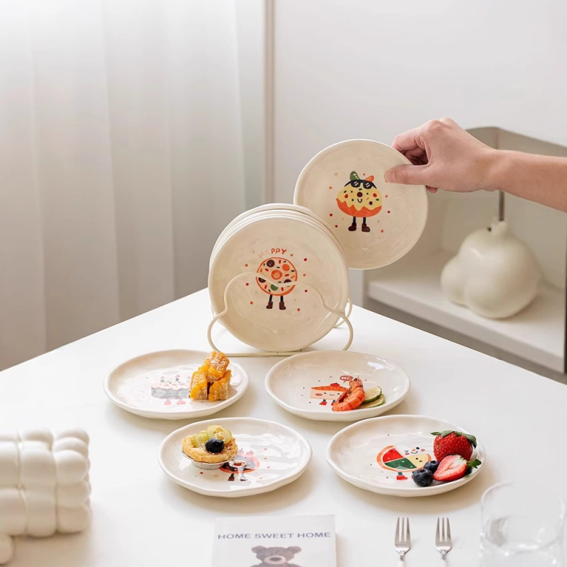 Kaulu porcelāna plate, keramikas uzkodu plate, karikatūras raksts, mīļa stila, mikroviļņu droša, virsmas apdare: zem glazūras krāsa + augstas temperatūras decal