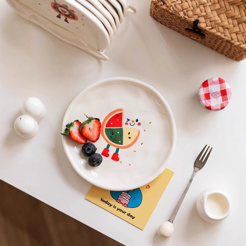 Kaulų porceliano lėkštė, keraminė užkandžių plokštė, karikatūrinis raštas, mielas stilius, mikrobangų krosnelė tinka, paviršius: po glazūra spalva + aukštos temperatūros decal