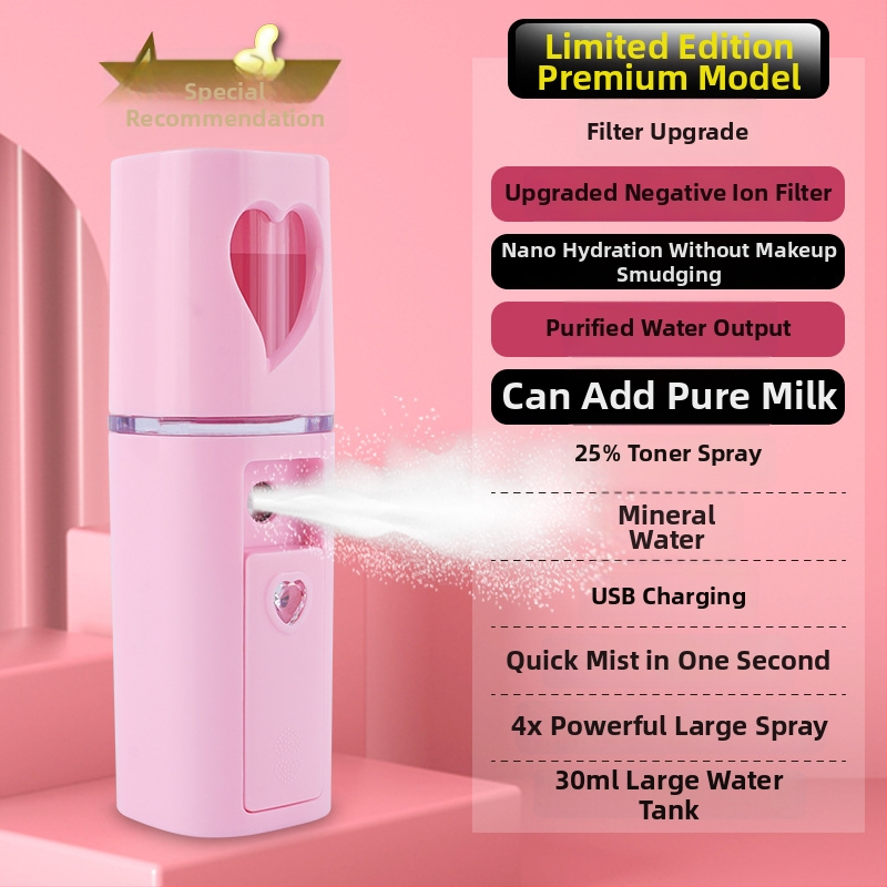 Käsitsi niisutuspritsik: külm pihustus, nano udu, sisseehitatud aku 300–500 mAh, pihustamise aeg kuni 10 s, 1. režiim