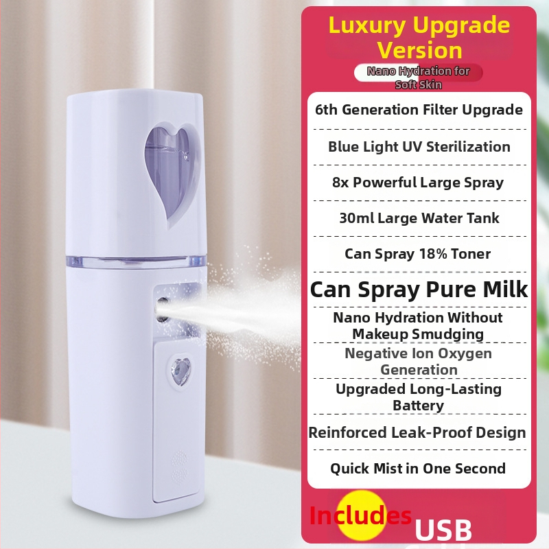 Käsitsi niisutuspritsik: külm pihustus, nano udu, sisseehitatud aku 300–500 mAh, pihustamise aeg kuni 10 s, 1. režiim