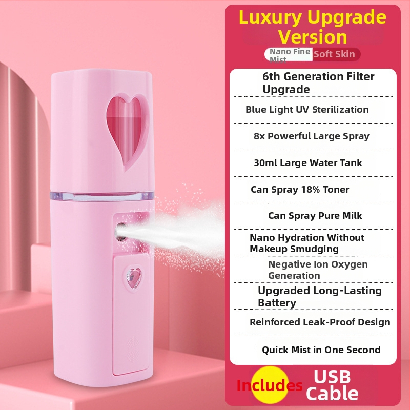 Käsitsi niisutuspritsik: külm pihustus, nano udu, sisseehitatud aku 300–500 mAh, pihustamise aeg kuni 10 s, 1. režiim