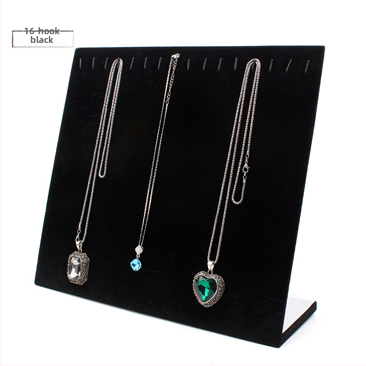 Stolný výstavný stojan na šperky: stojan na náušnice, náhrdelníky a náramky, z hustej dosky s flanelovým krytím, tvaru L, jednovrstvový, umelecký štýl