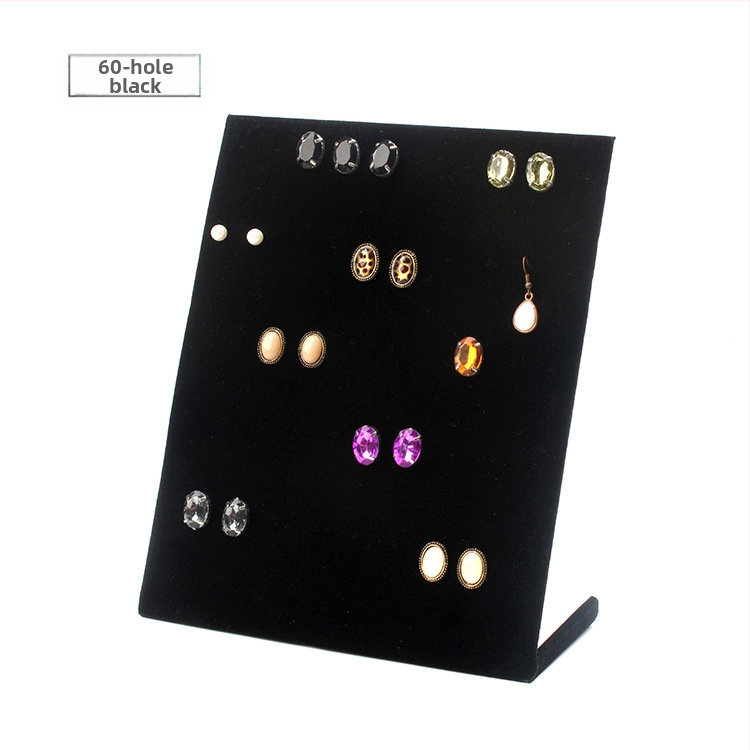 Stolný výstavný stojan na šperky: stojan na náušnice, náhrdelníky a náramky, z hustej dosky s flanelovým krytím, tvaru L, jednovrstvový, umelecký štýl