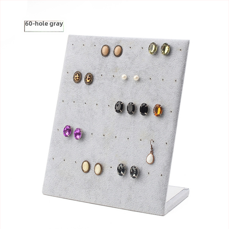 Stolný výstavný stojan na šperky: stojan na náušnice, náhrdelníky a náramky, z hustej dosky s flanelovým krytím, tvaru L, jednovrstvový, umelecký štýl