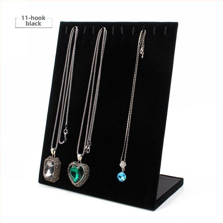 Stolný výstavný stojan na šperky: stojan na náušnice, náhrdelníky a náramky, z hustej dosky s flanelovým krytím, tvaru L, jednovrstvový, umelecký štýl